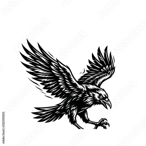 Dynamic black and white illustration of an eagle or raven in flight a powerful vintage-style graphic element for logos mascots or tattoo designs