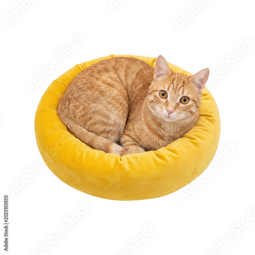 Orange tabby cat curled in yellow round pet bed isolated on transparent background