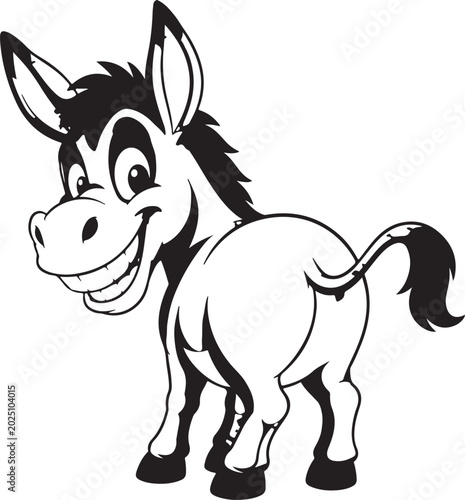 Happy cartoon donkey looking back with a big smile
