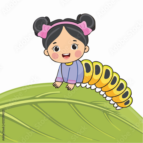 Cute cartoon girl with caterpillar body crawling on a large green leaf with a happy expression
