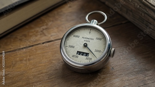 pedometer. Classic mechanical pedometer on wooden surface with visible dial numbers. safety posters, maintenance manuals, designed for industrial assembly lines and welding operations.