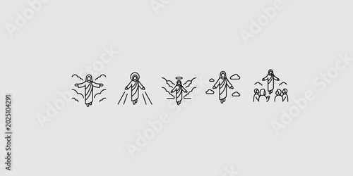 Obraz na płótnie Icon set collection of Jesus Christ ascension illustrations depicting the resurrection divine light clouds and blessing his disciples in line art