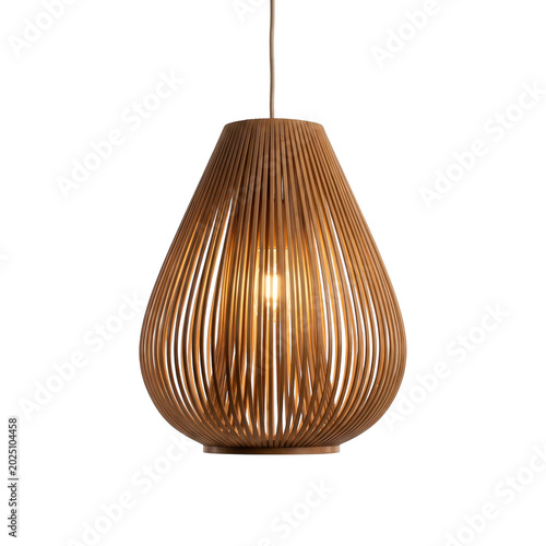 Wooden slatted pendant lamp with illuminated bulb, isolated on transparent background