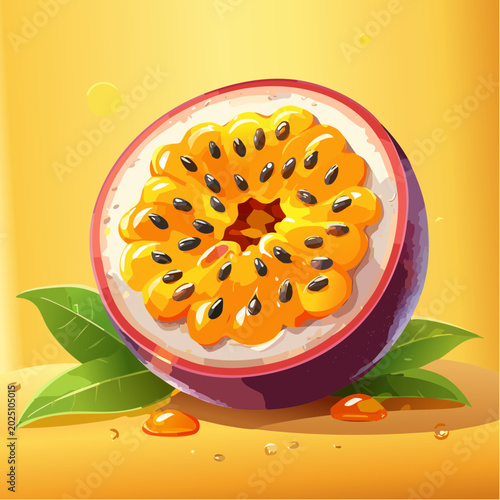 Vibrant cross-section of a ripe passion fruit revealing its juicy pulp and seeds with fresh green leaves on a warm