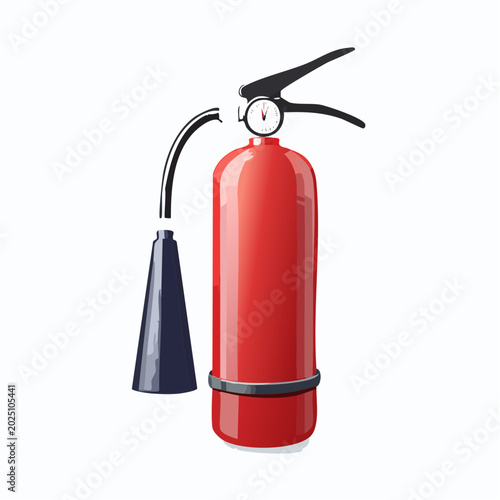 Red fire extinguisher with black hose and nozzle isolated on white background for safety and emergency preparedness