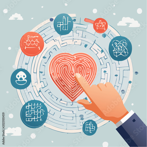 Finger touching a digital fingerprint heart maze representing complex emotions and relationships in technology