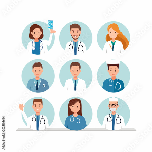 Diverse group of smiling doctors and medical professionals in uniform with stethoscopes and medicine