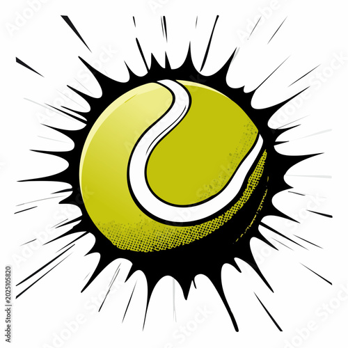 Dynamic tennis ball bursting with energy and speed in a stylized comic book explosion effect