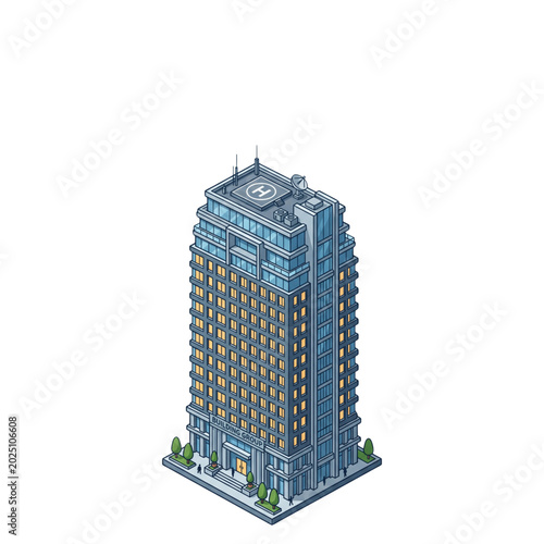 Detailed isometric pixel art skyscraper with a helipad representing a modern corporate office or hotel for game design and urban planning