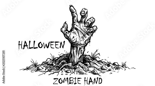 Tablou pe pânză Halloween Zombie Hand Emerging from Ground, Spooky Horror Illustration