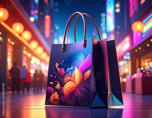 Colorful Decorative Shopping Bag Standing on Neon Lit City Street at Night