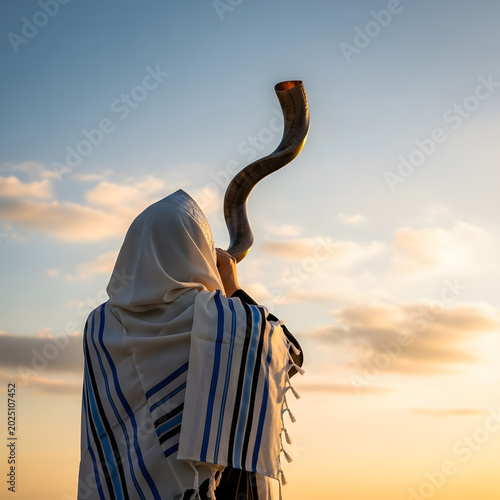 A religious man wearing a tallit shawl blows a traditional shofar horn during a peaceful and golden sunset outdoor session