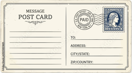 Konstfotografi Vintage Postcard with Postage Stamp and Postmark, Blank Message Space