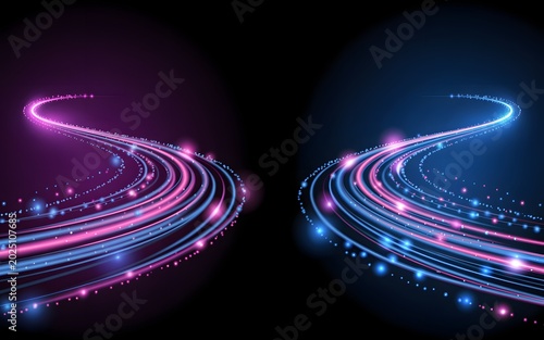 Vibrant digital illustration of neon light trails on a dark background with purple and blue hues