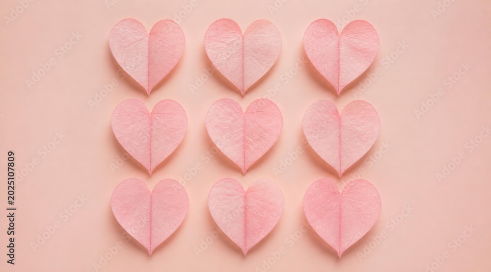 Obraz premium Nine Pink Heart-Shaped Leaves Arranged in a Grid on a Pastel Pink Background, Top-Down View