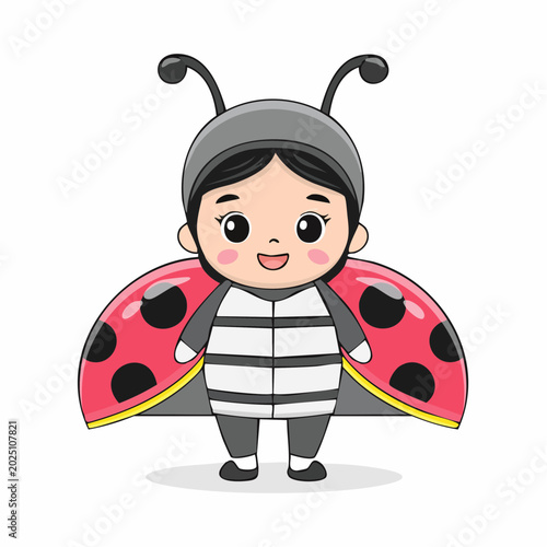 Cute cartoon child dressed as a ladybug with big red wings and black spots, smiling happily