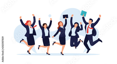 Group of successful business professionals jumping together in the air to celebrate a major victory or achievement in flat vector style.