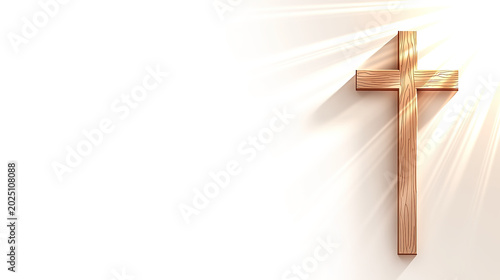 Wooden christian cross on warm beige background with soft light and copy space for holy week.
