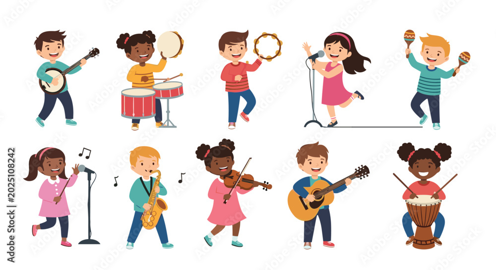 Fototapeta premium Diverse group of happy children playing various musical instruments and singing together in a talented band.