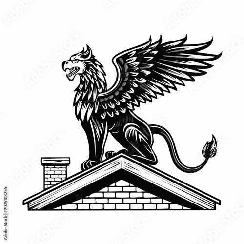 Mythical griffin creature with wings perched on a rooftop with a chimney, black and white illustration