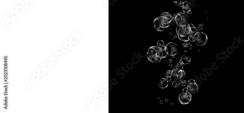 Canvas-taulu Transparent water bubbles on black background, realistic underwater air bubbles,