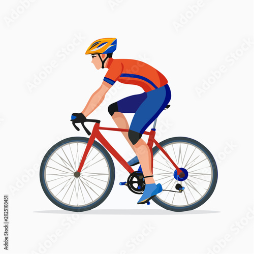 Fit cyclist wearing helmet and sportswear riding a red bicycle on a white background, active lifestyle