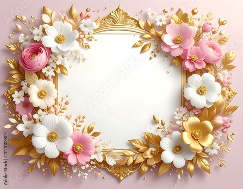 Elegant Pink and White Floral Frame Surrounding Blank Center on Pastel Background