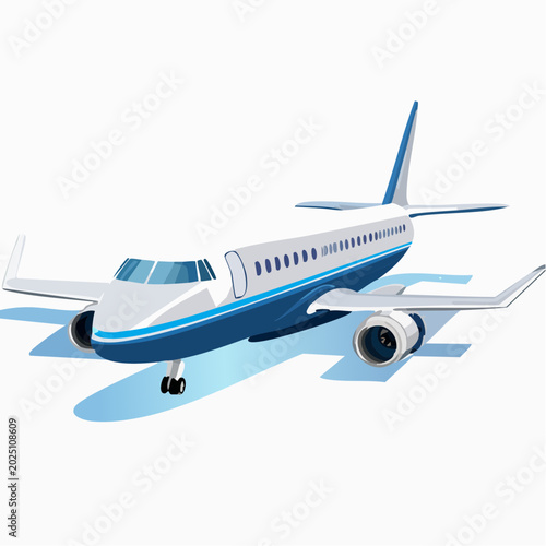 Modern commercial passenger jet airplane with blue accents flying through the sky on a clear day