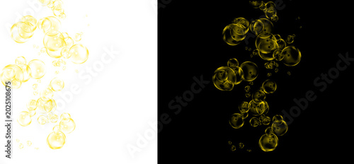 Photography Golden champagne bubbles rising on black and white backgrounds, sparkling carbon