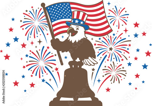 Cartoon bald eagle wearing uncle sam hat holding american flag over liberty bell with fireworks