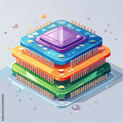 Stack of colorful microchips and computer processors with many pins, representing technology and data processing
