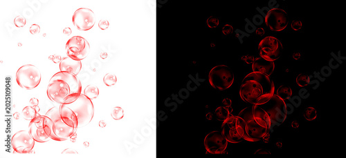 Schilderij op canvas Red glowing bubbles on black and white background, floating crimson spheres in l