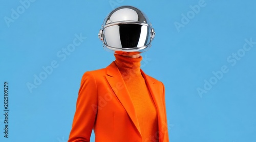 Fashionable person wearing a helmet and bright orange blazer, studio shot against a vibrant blue background, futuristic or artistic concept.