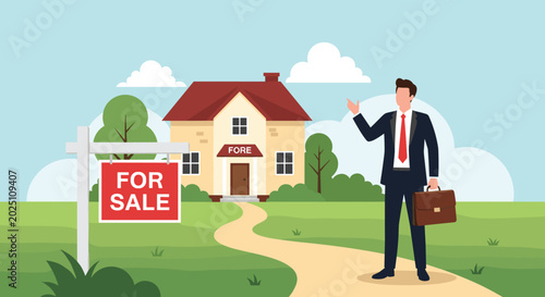 Professional male real estate agent in a suit standing next to a house with a for sale sign on a green lawn.