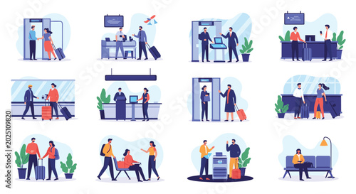 Set of scenes showing passengers at an airport check in desk, security gate, waiting lounge, and boarding areas with luggage.