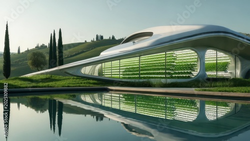Modern greenhouse nestled in a serene landscape