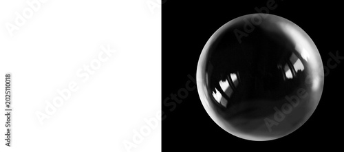Transparent soap bubble on black background, realistic water sphere with reflections, clear glass orb isolated on dark backdrop