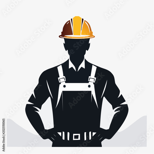 Silhouette of a construction worker wearing a hard hat and overalls with hands on hips, ready for work