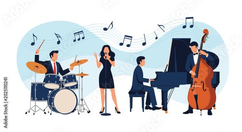 Talented jazz band performing on a stage with a singer, drummer, pianist, and double bass player surrounded by floating music notes.