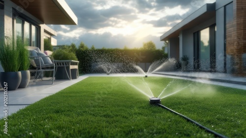 Modern home's backyard with sprinkler system