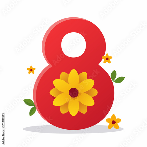 Bright red number 8 decorated with a large yellow flower and small floral elements, celebrating International Women's