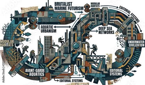 Tableau sur toile Brutalist marine futurism vector illustration with underwater civilization syste