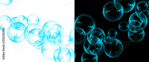 Картината върху платно Transparent blue soap bubbles on white and black background, floating water sphe