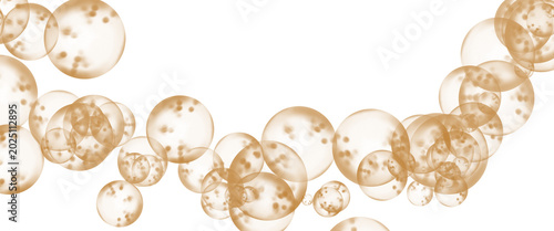 Schilderij op canvas Golden champagne bubbles on white background, sparkling amber liquid spheres, lu