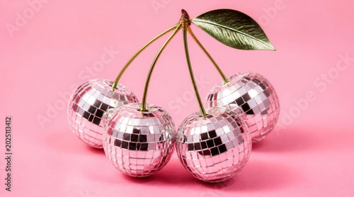 Sparkling Disco Ball Cherries with Gold Stem and Leaf on Pink Background