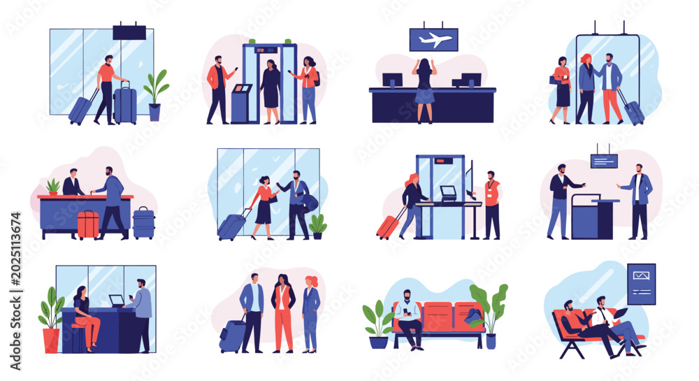 Fototapeta premium Extensive collection of scenes showing various people at an airport including check-in security gates and waiting areas.