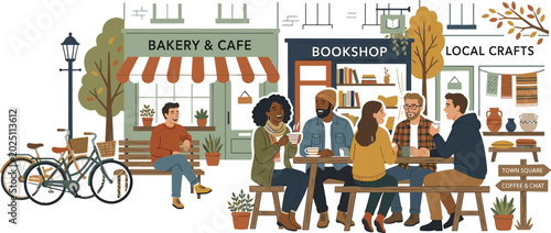 Φωτογραφία Community gathering vector illustration with friends at local cafe bookshop and