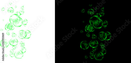 Tableau sur toile Glowing green bubbles on black and white backgrounds, floating neon liquid spher