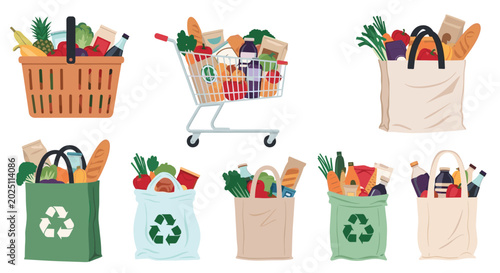 Collection of various grocery bags, baskets, and carts are filled with healthy food items like vegetables, bread, and milk.