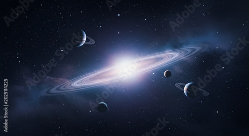 広大で深遠な宇宙の漆黒の闇に眩く光を放ち中心で煌めく壮大な銀河が広がるその周囲には美しい環を持つ惑星たちが静かに浮かび無限の宇宙が織りなす神秘と荘厳さに満ちた絶景. AI Generated
